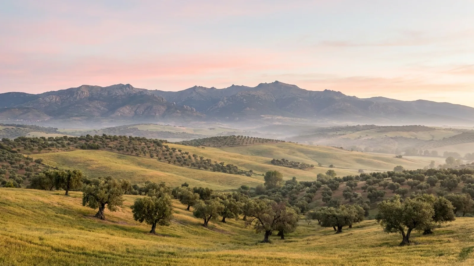 Serene Spanish countryside landscape with rolling hills and distant mountains, bathed in soft morning light, evoking a sense of peace and contemplation.