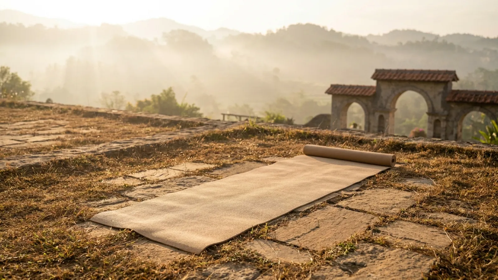 Serene Madrid landscape with a yoga mat at sunrise