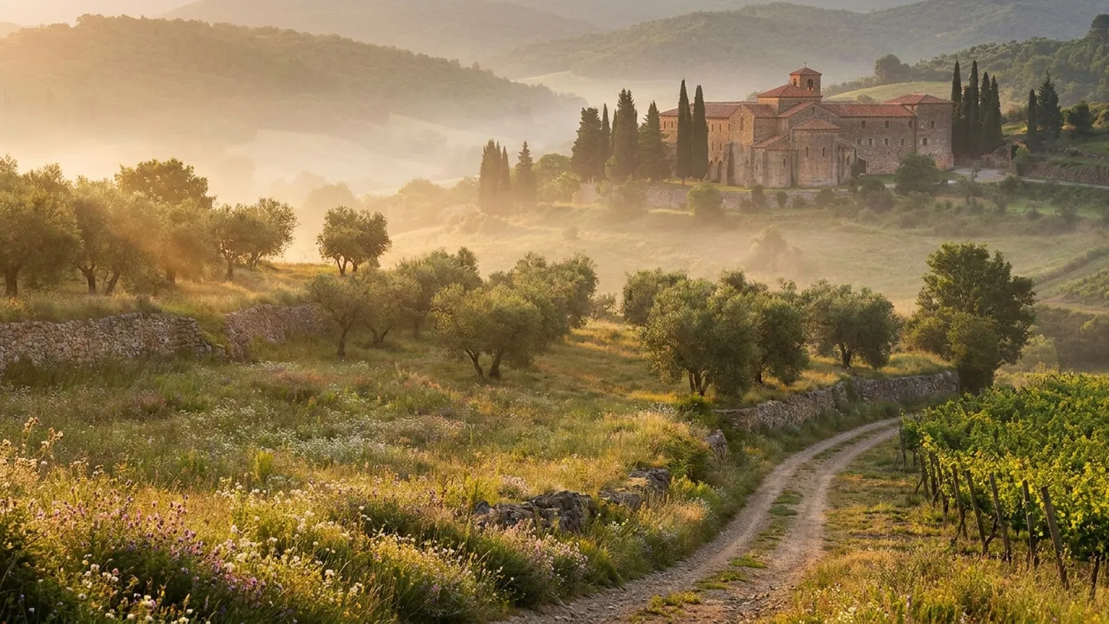 Serene Spanish countryside with a distant monastery, bathed in soft morning light