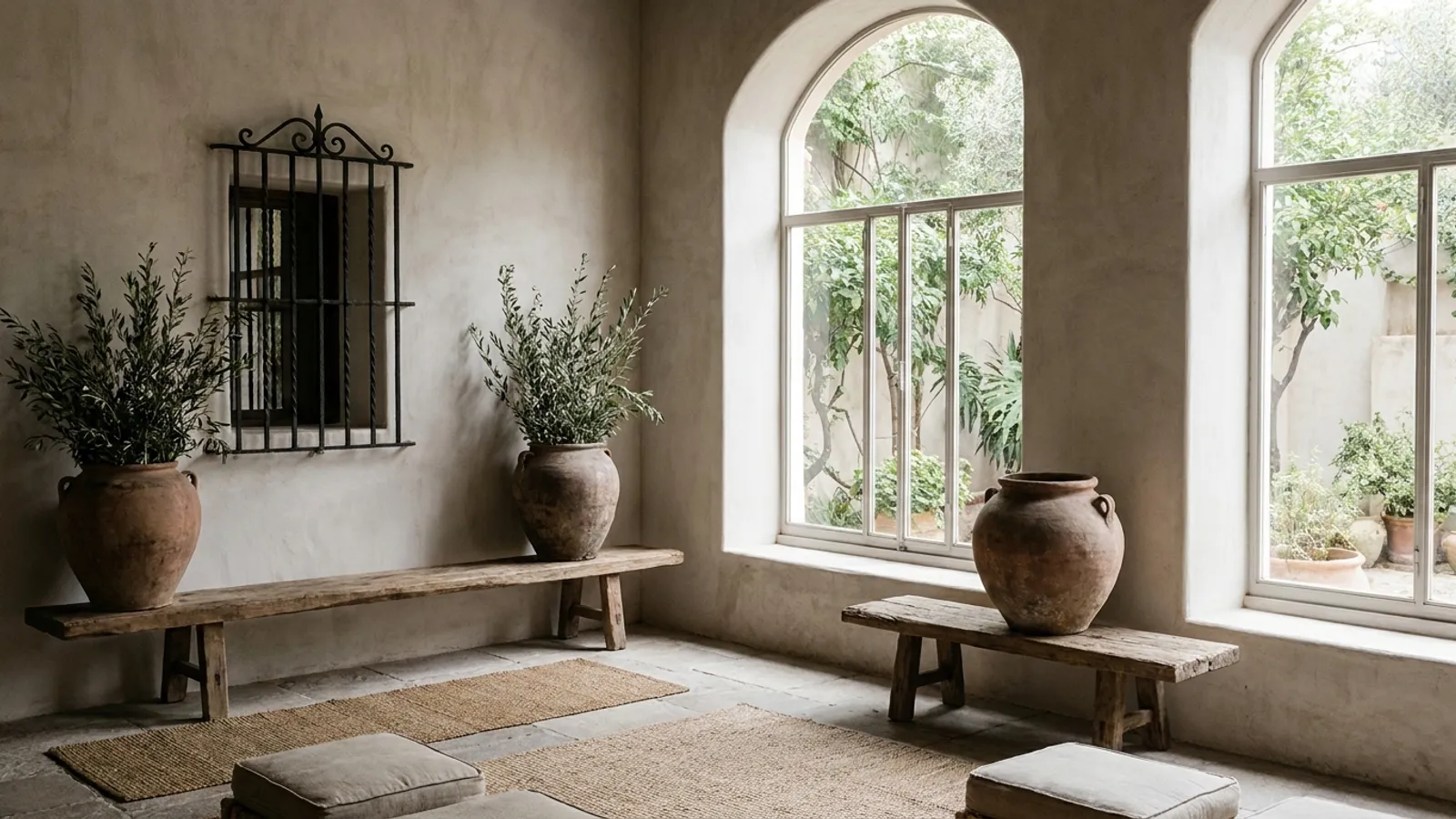 Serene, minimalist setting for contemplation, perhaps with soft natural light and subtle Spanish architectural elements.